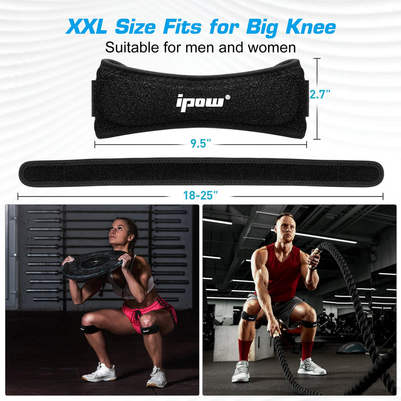 IPOW 2 Pack XXL Plus Size Knee Pain Relief & Patella Stabilizer Knee Strap Brace Support for Hiking, Soccer, Basketball, Running, Jumpers Knee, Tennis, Tendonitis, Volleyball & Squats, Black Large