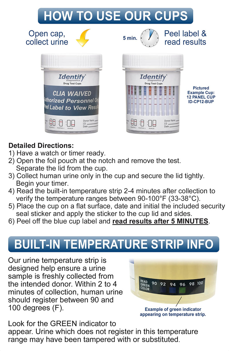 [Australia] - Identify Diagnostics Drug Test Cups | 5 Pack | 12 Panel CLIA Waived Instant Urine Marijuana Drug Test Kit for AMP,BAR,BUP,BZO,COC,MDMA,MET,MOP|OPI,MTD,OXY,PCP,THC 