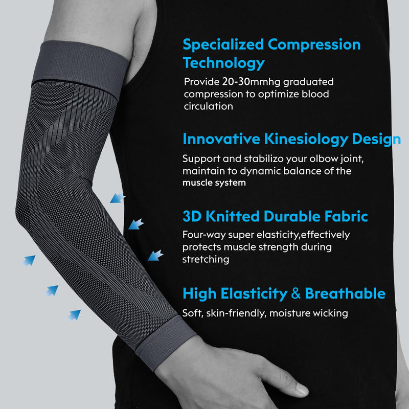 [Australia] - KEKING® Compression Arm Sleeves, Pair, Firm 20-30mmHg Graduated Compression Full Arm Support for Recovery, Pain Relief, Tendonitis, Golfers & Tennis Elbow Brace, Workouts Sports - Latex Free Grey XXL XX-Large (1 Pair) 