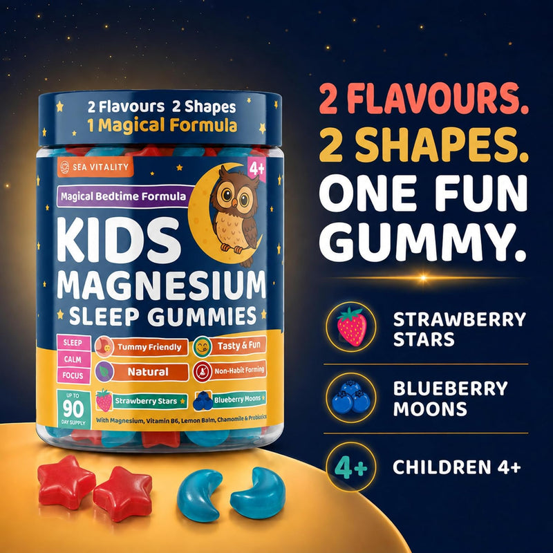 Kids Magnesium Glycinate Sleep Gummies – Calm Focus & Relaxation Support with Magnesium, B6, L-Theanine & Chamomile – Stawberry Stars & Blueberry Moons – 90 Vegan Gummies – Star & Moon Shape – Age 4+