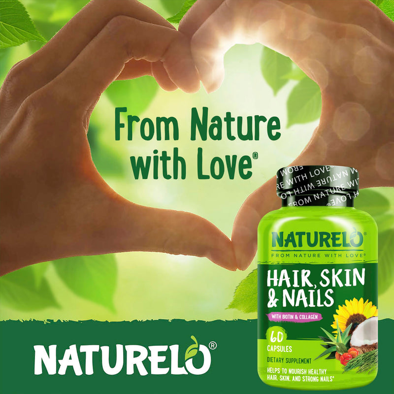 NATURELO Hair, Skin and Nails Vitamins - Biotin, Collagen - 60 Capsules | 5000 mcg, natural vitamin E, healthy skin, hair growth supplement for women and men Unflavored 60 Count (Pack of 1)
