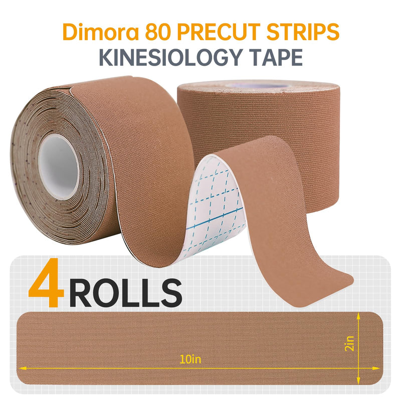 [Australia] - Dimora Kinesiology Tape 4 Rolls - Elastic Cotton Athletic Tape, 65.6 ft 80 Precut Strips in Total, Medical Grade Adhesive Sports Tape for Muscle Pain Relief and Joint Support Precut 4 Rolls Beige 
