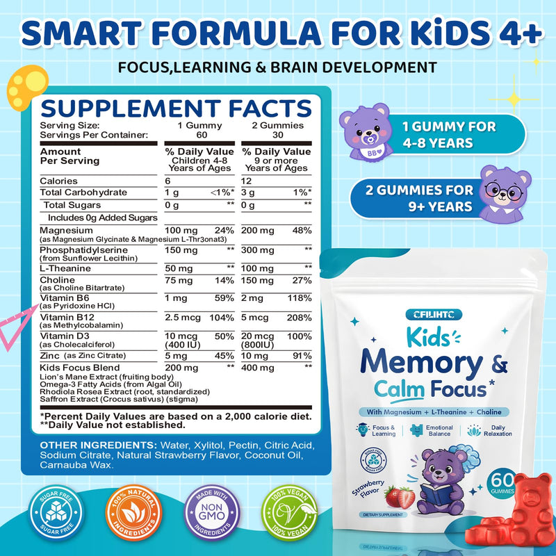 Kids Focus & Memory Gummies with Magnesium Glycinate, Phosphatidylserine & Choline - Support Brain, Attention & Focus for Kids, Learning & Cognitive Development – Sugar Free Strawberry 60 Gummies
