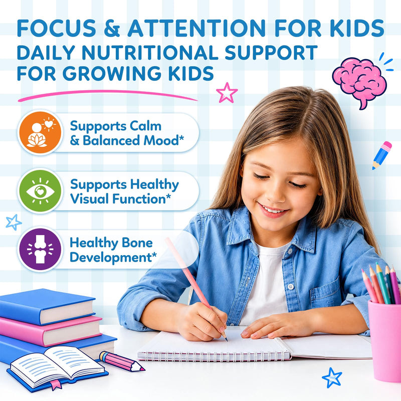 Kids Focus and Attention Supplements with Phosphatidylserine, L-Theanine, Omega-3, Ginkgo Biloba, Kids Multivitamin Liquid Drops, Supports Cognitive, Memory, Calm & Mood, Strawberry, 4 Fl Oz 2 Fl Oz (Pack of 2)