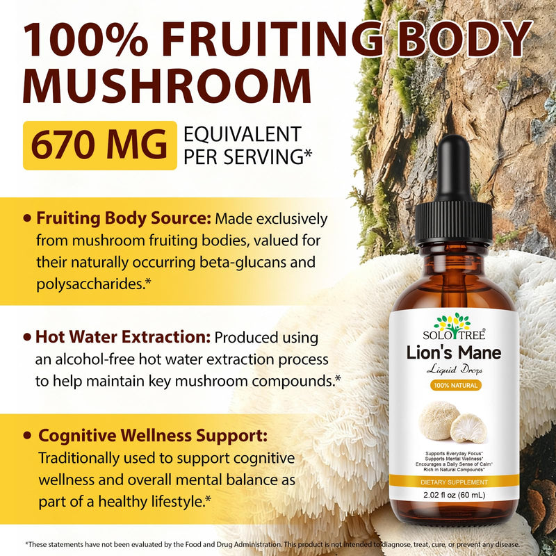 Lions Mane Supplement High Strength Mushroom Extract - Liquid Drops 60ml - Alcohol-Free, Sugar-Free, Vegan-Friendly - 670mg per Serving