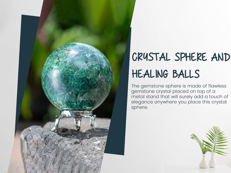 Crocon 35mm Green Aventurine Stone Sphere Ball with Metal Stand 1400+ Carats Gemstone Ball Healing Sphere Sculpture Figurine for Fengshui Divination Home Decoration Photography Crystal Sphere