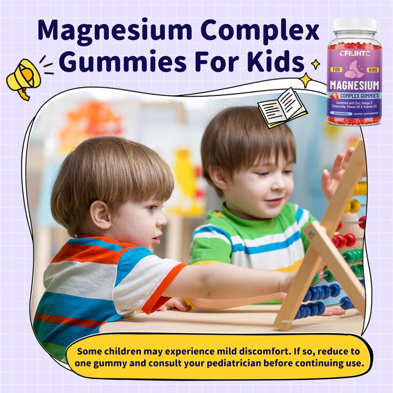 Kids Magnesium Gummies-Magnesium Glycinate Gummies for Kids Supplement-w/Zinc, Chamomile, Omega-3, Vitamin B6, D3 - for Sleep, Relaxation, Brain, Bones, Children's Calm, Sugar Free, 2 Pack Strawberry 60 Count (Pack of 2)