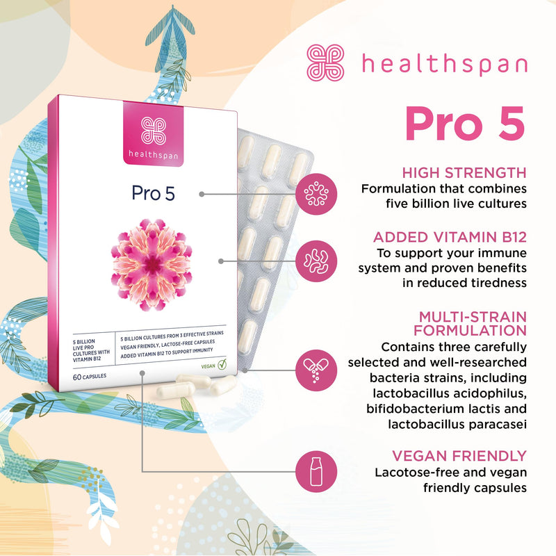 Healthspan Probiotic 5 | Multi-Strain probiotic with 5 Billion Live Cultures from 3 Bacteria strains | Vitamin B12 to Support Your Immune Health | Vegan & Lactose Free Capsules (60 Capsules)
