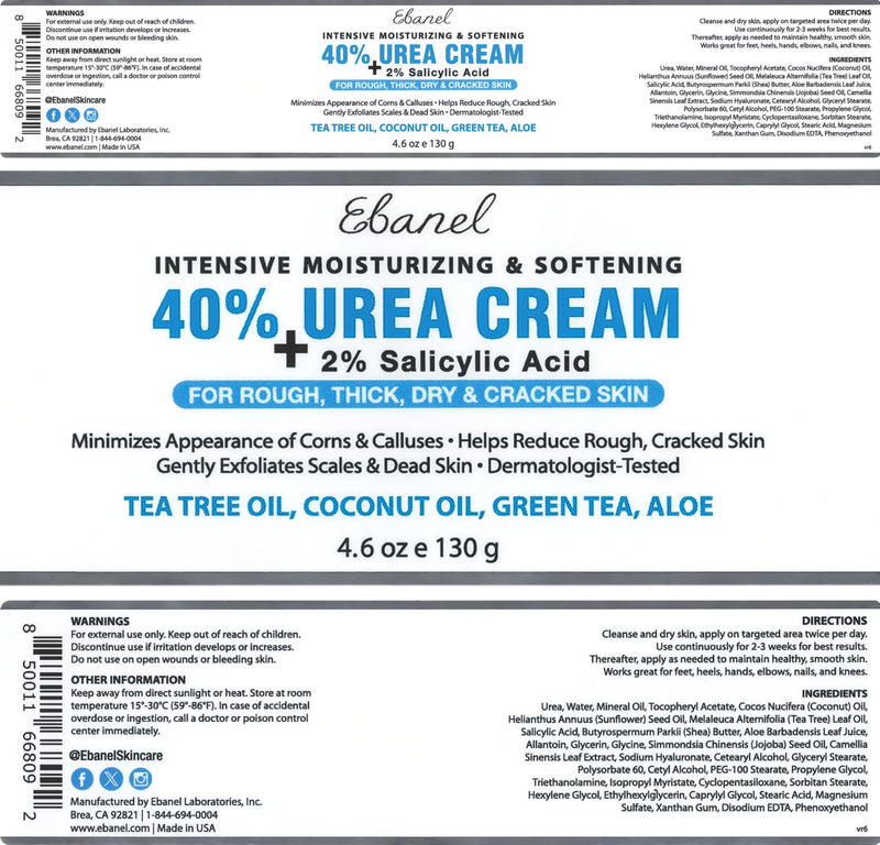Ebanel Urea Cream 40% plus Salicylic Acid 2% for Dry Cracked Feet Skin | Deeply Moisturizes & Softens Dry Cracked Heels, Feet, Knees, Elbows, Hands, Rough Dead Skin Callus Remover Toenail Softener 4.6 Ounce (Pack of 1)