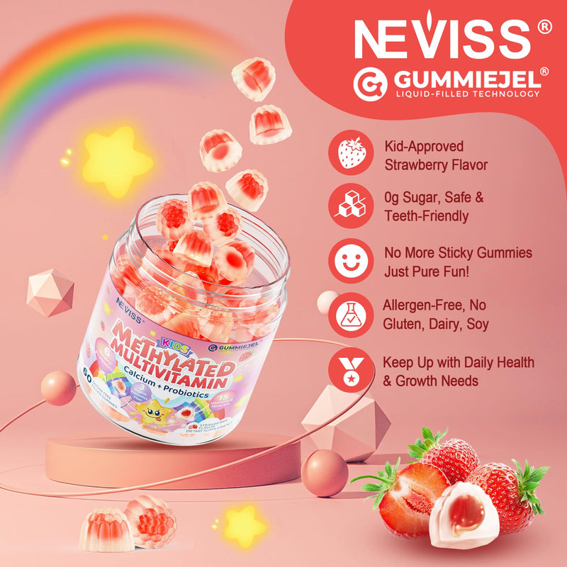 Vitamins for Kids 4+, Methylated Multivitamin Gummies w/Calcium, Probiotics | Methylfolate, Methyl B12, B6, Vitamin A, D3 K2, C, E, Zinc, Magnesium for Immunity, Bone, Growth, Energy, Sugar Free, 120 Cts 60 Count (Pack of 2)