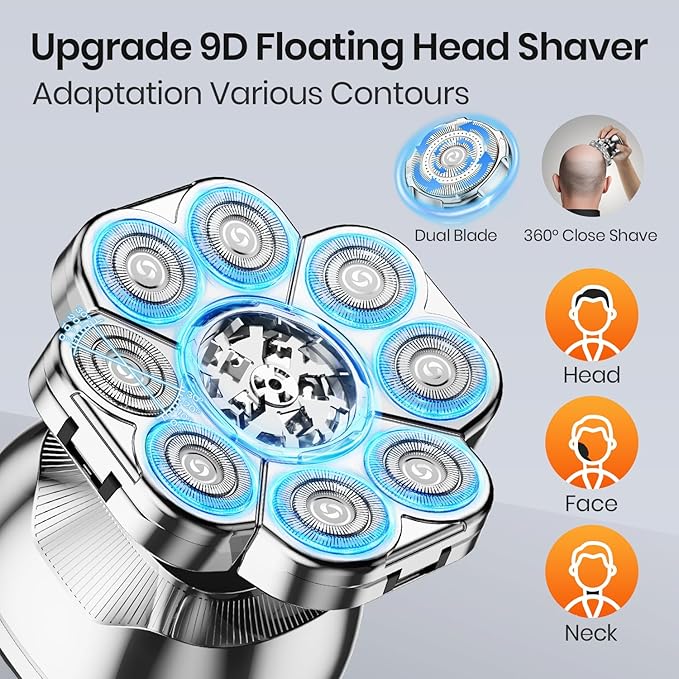 9D Head Shavers for Bald Men, 5 in 1 Detachable Head Shaver with LED Display, IPX7 Waterproof Wet Dry Rechargeable Electric Shavers for Men Grooming Kit for Home & Travel Gunmetal