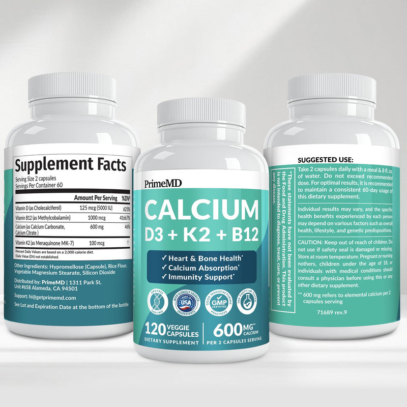 4-in-1 Calcium Supplements for Women & Men - Calcium Citrate with D3 K2 Vitamin 5000 IU - Calcium 600mg with Vitamin D3 K2 - Everyday Vitality Supplement - Vegan-Friendly, Gluten-Free (120 Capsules) | Bone Health and Everyday Wellness Support, Calcium ...