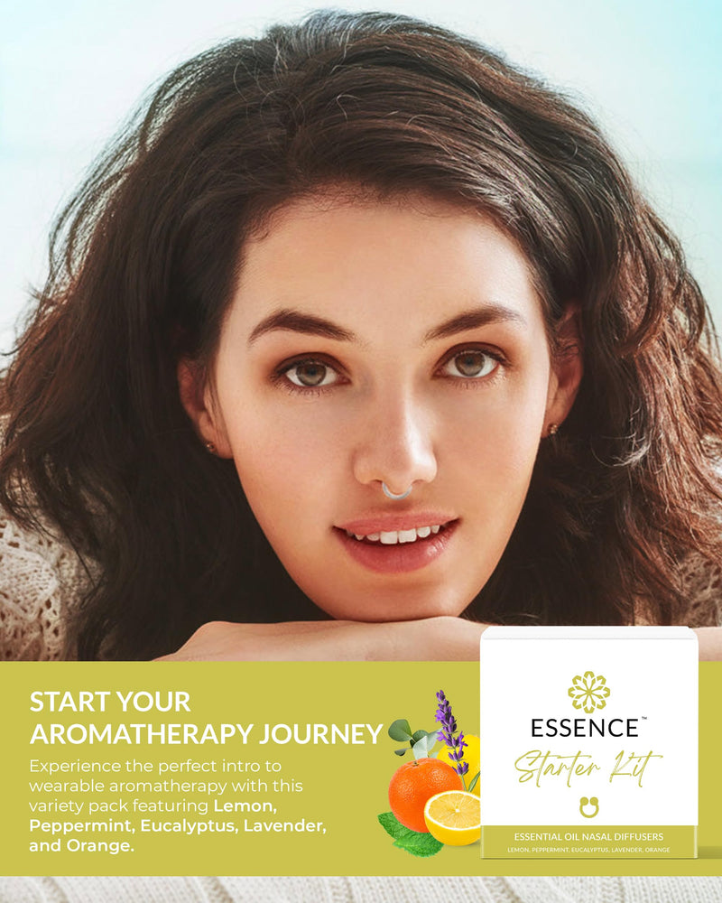 [Australia] - Essence Nasal Diffuser Starter Kit ‚Äì Essential Oil Silicone Nose Ring Inhalers for Beginners ‚Äì Wearable Aromatherapy Bundle for Relaxation, Energy & Breathing Support Starter Kit (Lemon, Peppermint, Eucalyptus, Lavender, Orange) 