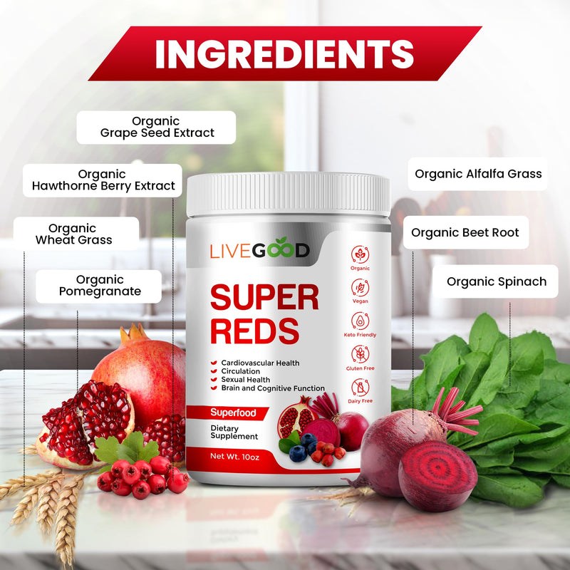 [Australia] - LIVEGOOD™ Organic Super Reds with Alfalfa, Barley Grass, Beet Root, Pomegranite, Grape Seed, Vegan, Gluten Free, 7.2 oz. 