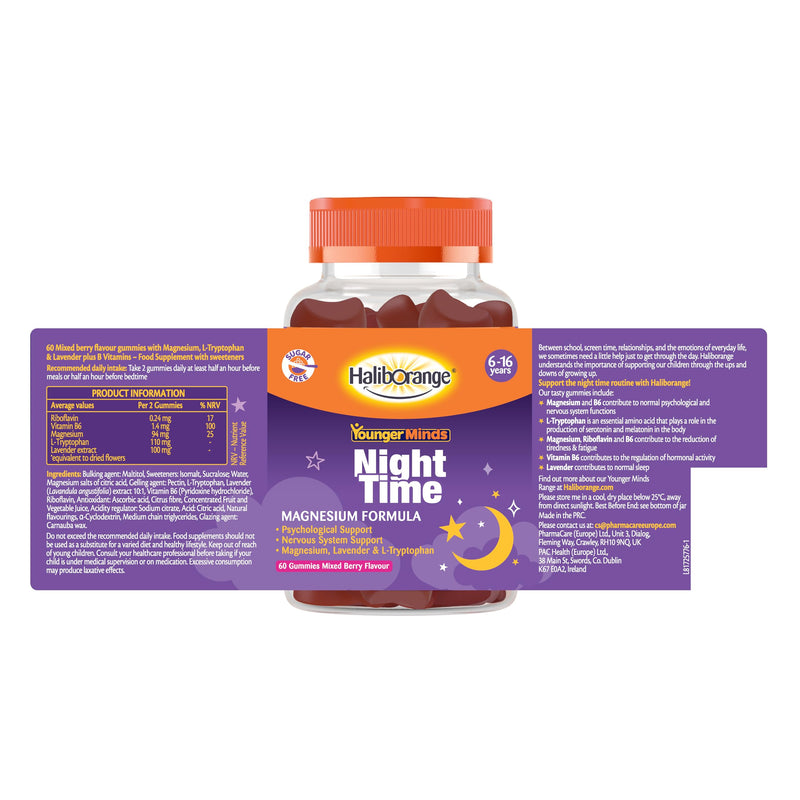 Haliborange YoungerMinds Night-time Gummies for Kids 6–16 | Sugar-Free Sleep Support with Magnesium, L-Tryptophan, B6 & Lavender | Promotes Relaxation & Bedtime Routine – 60 Gummies 60 count (Pack of 1)