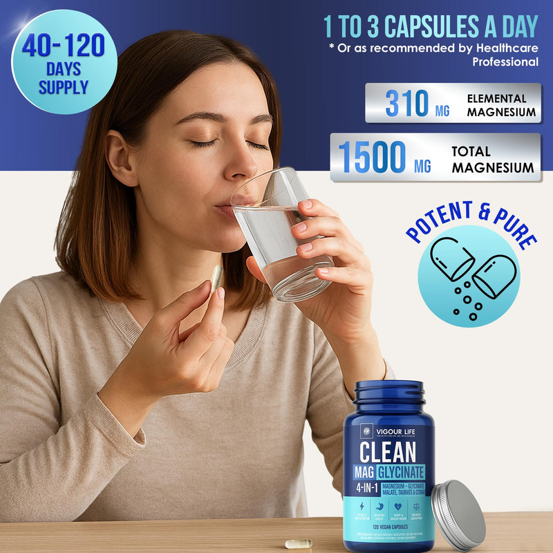 Clean Magnesium Glycinate Complex – 120 Vegan Capsules, Additive Free, No Binders or Cracking Agents. 1500mg. GMP Certified, High Absorption 4-in-1 Blend for Sleep, Muscle, Heart & Energy