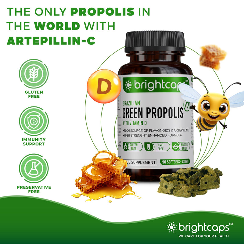 Bee Health Propolis | Brazilian Green Propolis | 87% Dry Extract | Immune System Booster | High Artepillin C | 43.2mg Phenolic Compound & 16.8mg Flavonoids | 54µg Vitamin D