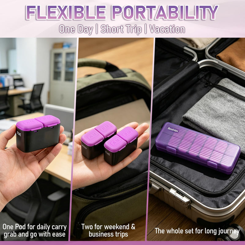Weekly Pill Organizer 2 Times a Day, Portable AM PM Medicine Box with Large Compartments, Travel Pill Organizer Case, Moisture-Proof Daily Containers for Vitamins, Supplements & Medication (Green) Purple