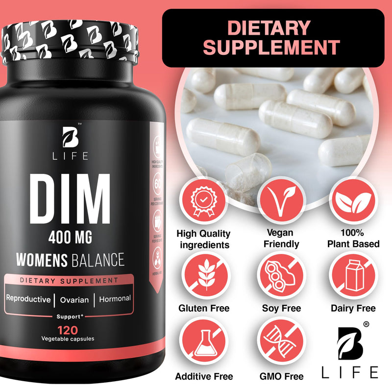 [Australia] - DIM Supplement 400 mg with Myo & D-Chiro Inositol, Dong Quai - PCOS Supplements – Hormone Balance for Women – Fertility Supplements – Inositol Supplement - 120 Caps 120 Count (Pack of 1) 