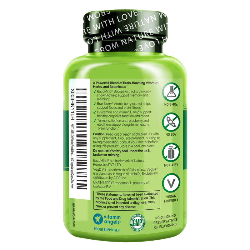 NATURELO Whole Food Brain Supplement for Focus Support, 60 Capsules | Memory and focus supplements, for adults, vegetarian capsules, cognitive health supplement, high potency Aronia berry extract 60 Count (Pack of 1)