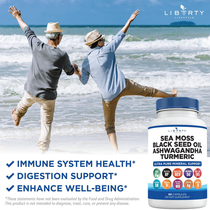 [Australia] - Sea Moss Black Seed Oil Ashwagandha Turmeric Bladderwrack Burdock - with Manuka, Honey Dandelion, ACV Black Pepper Gluten Free - 2-Pack 60 Count (Pack of 2) 