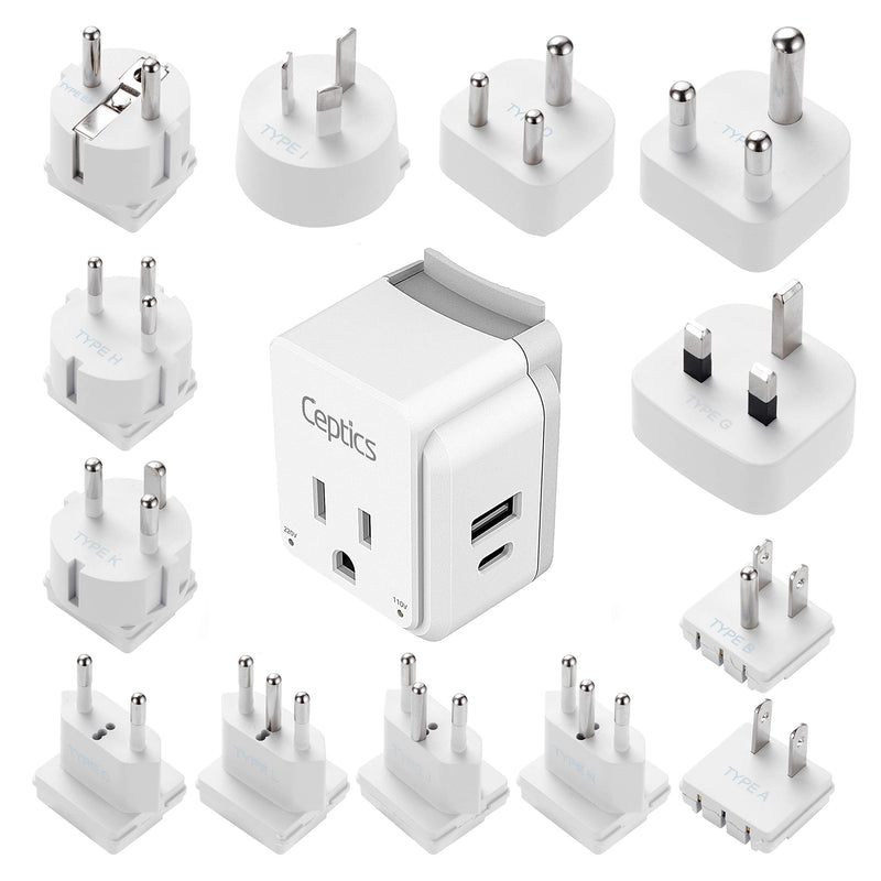Ceptics International Power Plug Adapter Travel Set, 20W PD & QC, Safe Dual USB & USB-C 3.1A - 2 USA Outlet - Compact - Use Europe, Asia, Africa In Worldwide - Includes 13 Type SWadAPt Attachments Cherry White