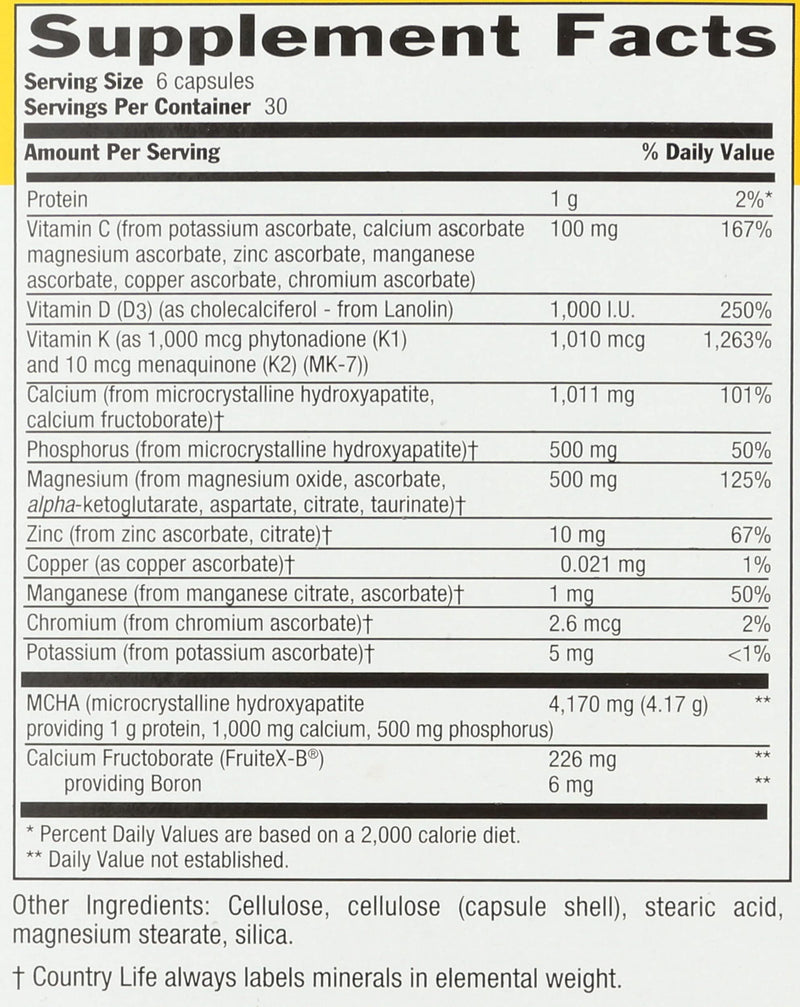 Country Life Bone Solid - Bone Health Supplement with Microcrystalline Hydroxyapatite (MCHA), Calcium, Magnesium, Zinc, Vitamins K2 & D3 for Enhanced Bone Strength & Metabolism - 180 Capsules 180 Count (Pack of 1)