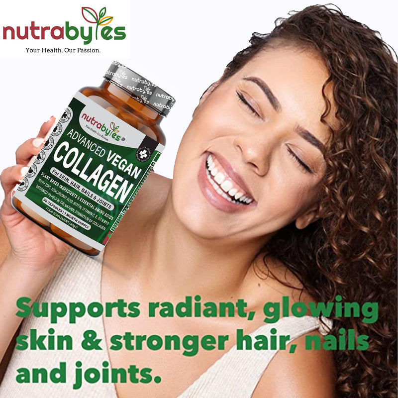 Nutrabytes Vegan Collagen Supplements for Women & Men | Plant-Based Vegan Collagen Capsules with Hyaluronic Acid, Biotin, Vitamin E, D3, C & Amino Acids | Vegetarian Collagen | UK Made