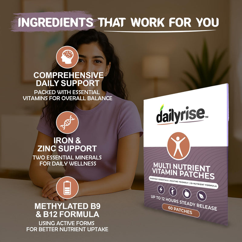 MultiVitamin Patches | 2 Months Supply - 25 Ingredients in 1 Supplement with Vitamins A, C, D3, E, K2, B-Complex & Essential Minerals 12 Hour Transdermal Patch - Dailyrise