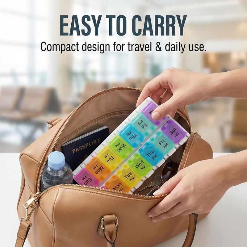 2 Pack Weekly Pill Organizer for Seven Day, Medicine Dispenser Daily Vitamin Container Supplement Holder Moisture Proof Box, Portable Travel Case for Morning Evening Routine Secure Practical Planner 2 Pack