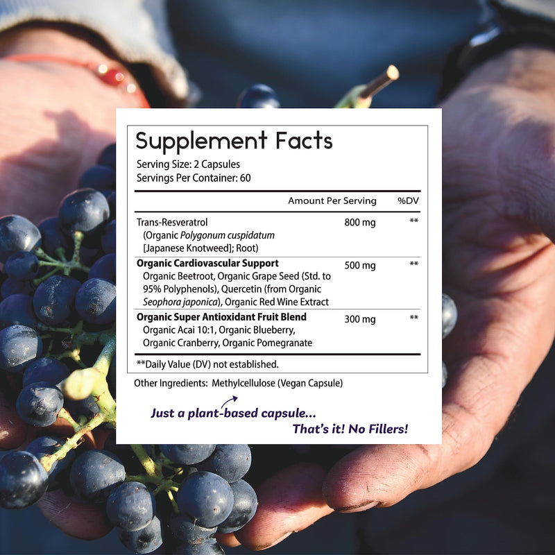 [Australia] - Thomas' all-natural Remedies Resveratrol 1600mg Organic Trans-Resveratrol Antioxidant Supplement with Organic Grape Seed Extract and Quercetin- Anti-Aging and Cardiovascular Support- 120 Capsules 