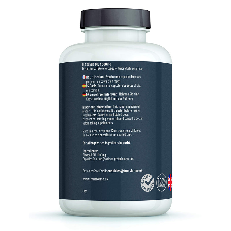 Transforme Flaxseed Oil Capsules 1000mg, Cold Pressed Omega 3 6 9, 180 Softgels, High in Alpha Linolenic, Linoleic & Oleic Acid, 2000mg Serving, Lactose & Gluten Free 180 count (Pack of 1)