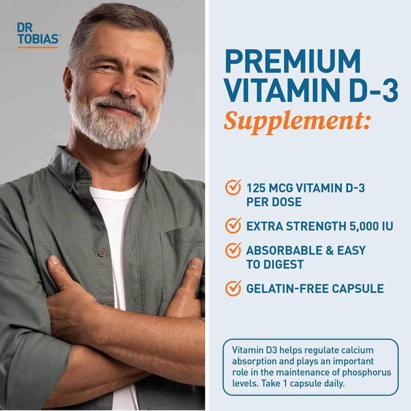 Dr. Tobias Vitamin D3 5000 IU 90 Capsules | Extra Strength Vitamin D | Bone, Teeth & Immune Support | 5,000 IU Vitamin D3 | Gelatin-Free & Non-GMO | 90 Servings 90 Count (Pack of 1)