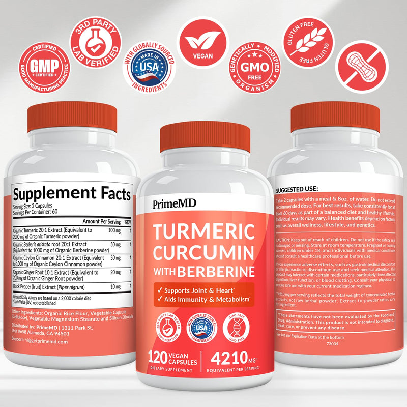 [Australia] - 5-in-1 Organic Turmeric Curcumin Supplement (4210mg) with Berberine, Ceylon Cinnamon Bioperine and Ginger Supplements for Joint, Heart, Gut, & Metabolic Support (120 ct) 120 Count (Pack of 1) 
