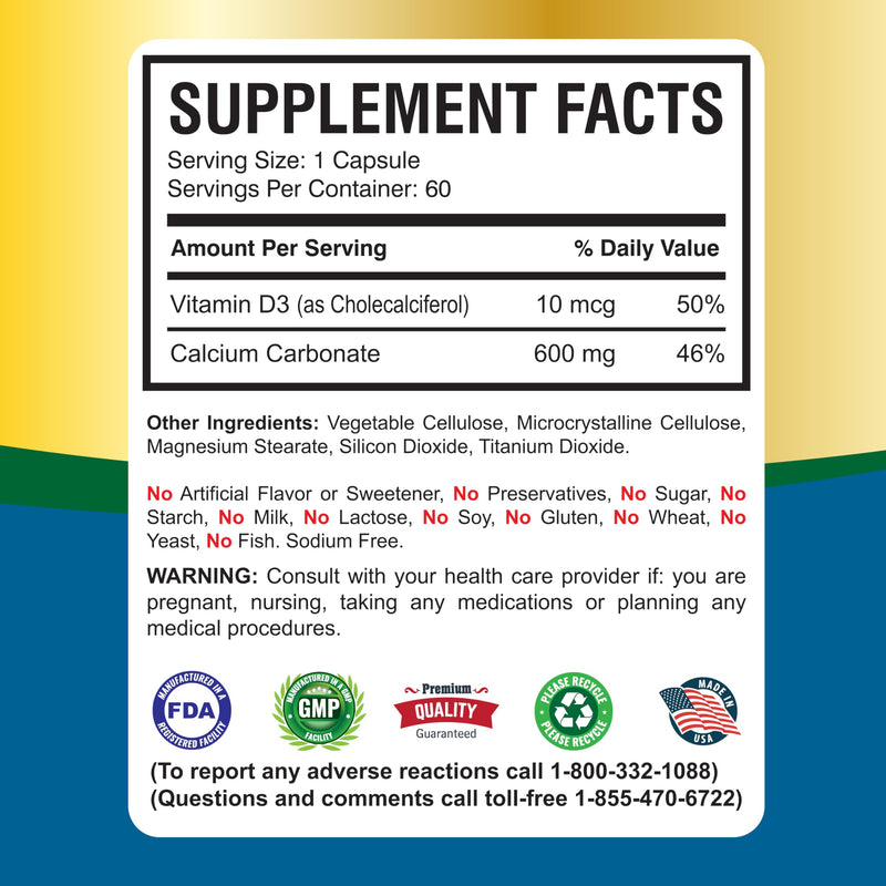 America Medic & Science ViaCal-D3 – Calcium 600mg with Vitamin D3 – Supports Bone Strength, Muscle Function & Mobility – Helps Maintain Healthy Calcium Levels for Overall Wellness – 60 Capsules