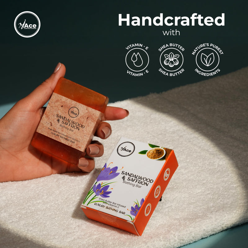 MY ACE Sandalwood & Saffron Bathing Bar Soap - Handmade with Essential Oil, Coconut Oil, Natural Shea Butter, Vitamin E for Skin Cleansing, Moisturizing - SLES Free - For Face, Hair, Body Wash - 3.5Oz 3.52 Ounce (Pack of 1)