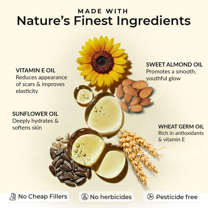 Vitamin E Oil - Botanical Complex – D-Alpha Tocopherol with Wheat Germ, Sweet Almond & Sunflower Oils for Skin & Hair – Cold Pressed Beauty Oil - 1 Fl Oz