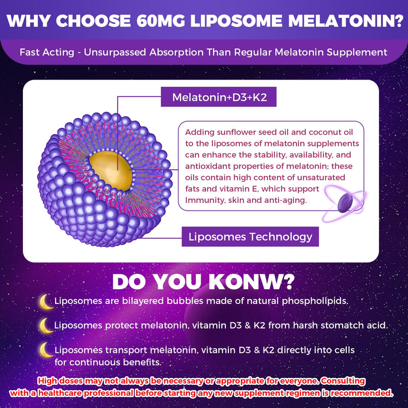 NEVISS 1Pack 60mg Melatonin Liposomal for Adults, High Dose Deep Rest & Brain Cognition, Extra Strength with Vitamin D3, K2, Chamomile for Sound Zzz Cycle, Power Antioxidant, 75 Softgels 75 Count (Pack of 1)