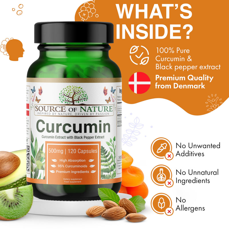 Source of Nature® | 500mg Curcumin Extract | 120 Capsules | +95% Pure Curcuminoids | Produced in EU | with BioPerine® (Black Pepper Extract) | from Turmeric | High dose 120 count (Pack of 1)