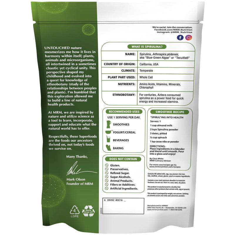 MRM Organic Spirulina Powder - for Women & Men, Vegan - 40 Servings | Pure Green Algae Superfood with Natural Plant Protein, Minerals, and Healthy Antioxidants, Free of Additives & Gluten 8.5 Ounce (Pack of 1)