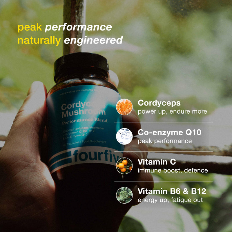 fourfive Cordyceps Mushroom Supplement (4000mg) Performance Blend with CoQ10 and Vitamins C, B6 and B12, Support Physical Performance, Energy & Recovery - 60 Capsules