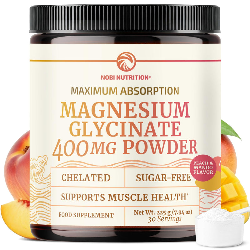 Magnesium Glycinate Powder 400MG | Muscle & Relaxation Support | Peach Mango Flavor Drink | High Absorption Chelated Magnesium Powder | Vegan, Gluten-Free, Non-GMO | 30 Servings | 225g (7.94oz)