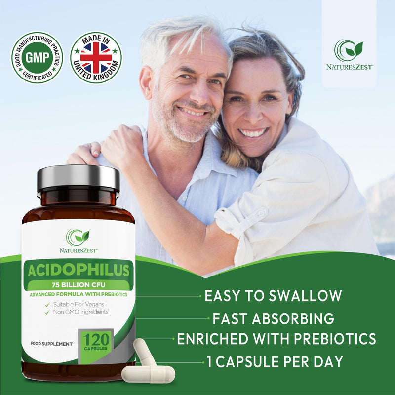 Acidophilus Probiotic Capsules 75 Billion CFU - 120 High Strength Vegan Probiotics for Gut Health with Prebiotics, Lactobacillus Acidophilus & Friendly Bacteria for Men & Women, Gluten Free, UK Made