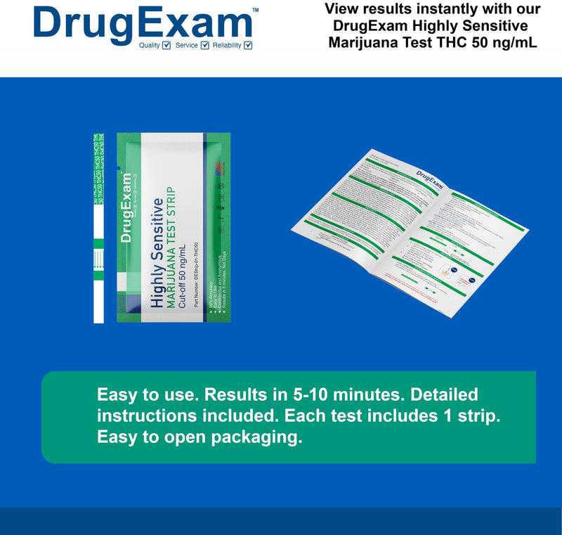 5 Pack - DrugExam Made in USA Highly Sensitive Marijuana THC Testing Drug Test Strip Kit - Drug Test with 50 ng/mL Cutoff Level for Detecting Any Form of THC in Urine up to 35 Days. Urine Test Strips