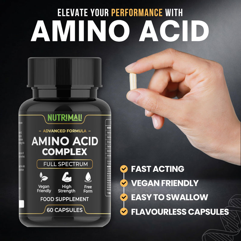 Amino Acid Supplements – Full Spectrum All BCAA, EAA + Vitamin C & Botanical Blend – High Strength, Free Form – 60 Vegan Capsules | By NutriMali