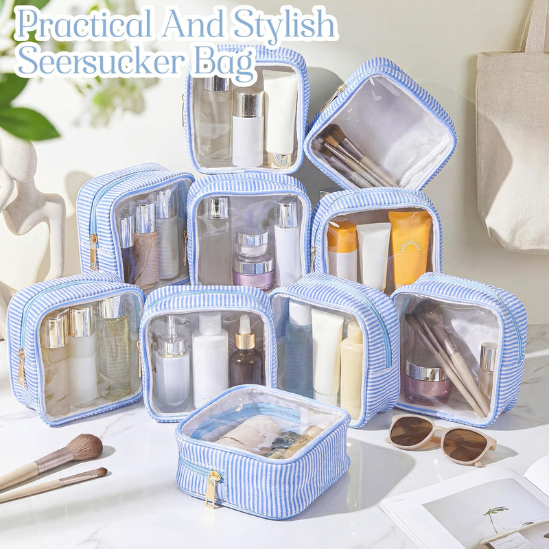 Sanwuta 10 Pcs Seersucker Mini Makeup Bags Bulk Initial A-z Chenille Letter Patches Clear Striped Zipper Pouch Small Travel Cosmetic Bag Purse Organizer for Women Wedding Bridesmaid Gift (Light Blue)