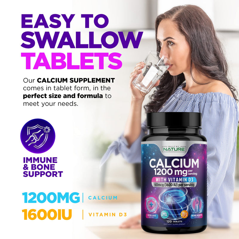 Calcium 1200mg with Vitamin D3 for Best Absorption - Advanced Bone Support Supplement, 1200 mg Calcium Carbonate & 1600 IU Vitamin D3, Slow Release for Immune Support, Easy to Swallow, 120 Tablets 120 Count (Pack of 1)