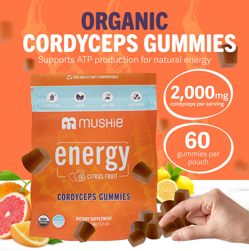Mushie 100% Organic Cordyceps Mushroom Gummies - 2000mg Cordyceps Militaris Nootropic for Energy & Immune Support with Vitamin D - Vegan, Gluten-Free - 60 Count