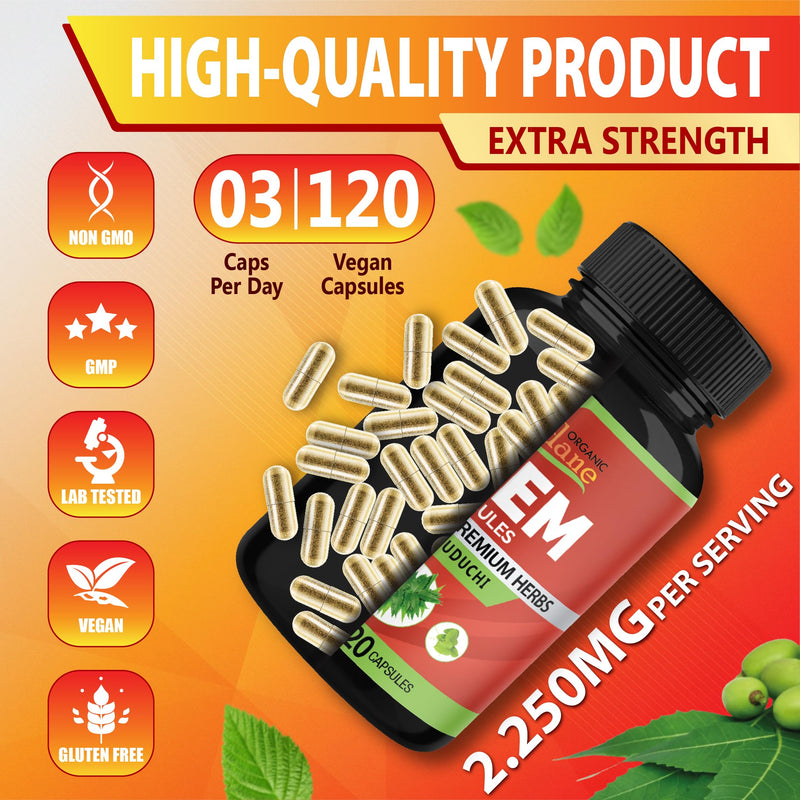 [Australia] - Organic Cadane Neem Leaf Supplements Capsules with Holy Basil Tulsi, Guduchi, 120 Vegetable Capsules | Supports Immune System | Fresh Powder Leaves Herbs 