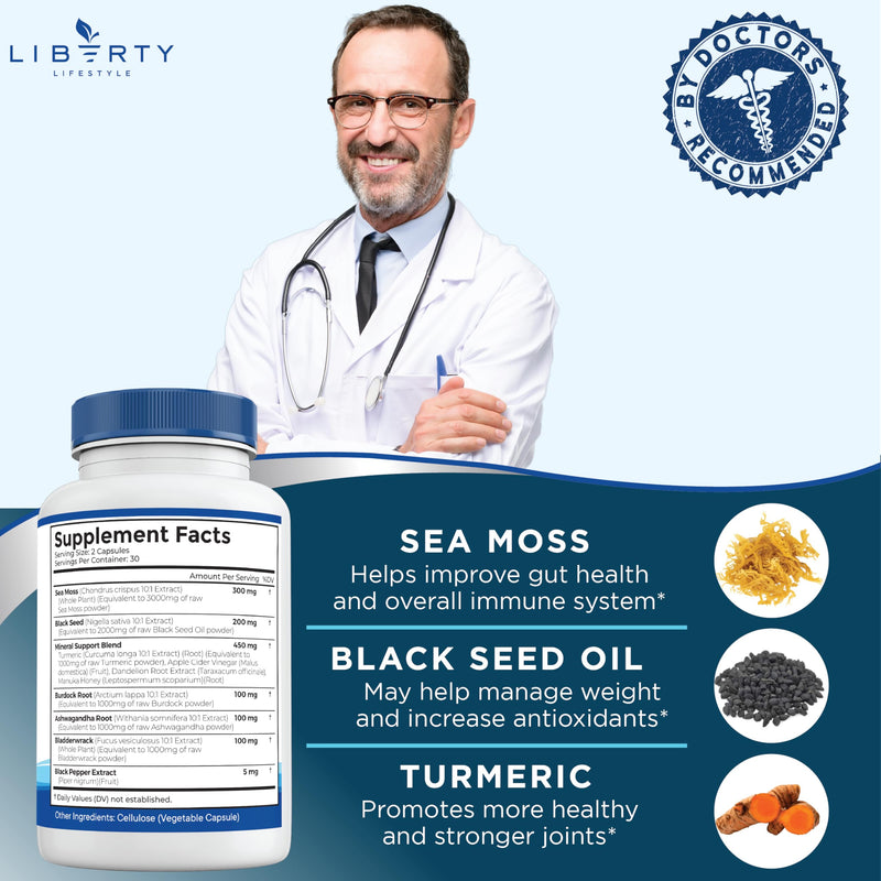 [Australia] - Sea Moss Black Seed Oil Ashwagandha Turmeric Bladderwrack Burdock - with Manuka, Honey Dandelion, ACV Black Pepper Gluten Free - 2-Pack 60 Count (Pack of 2) 